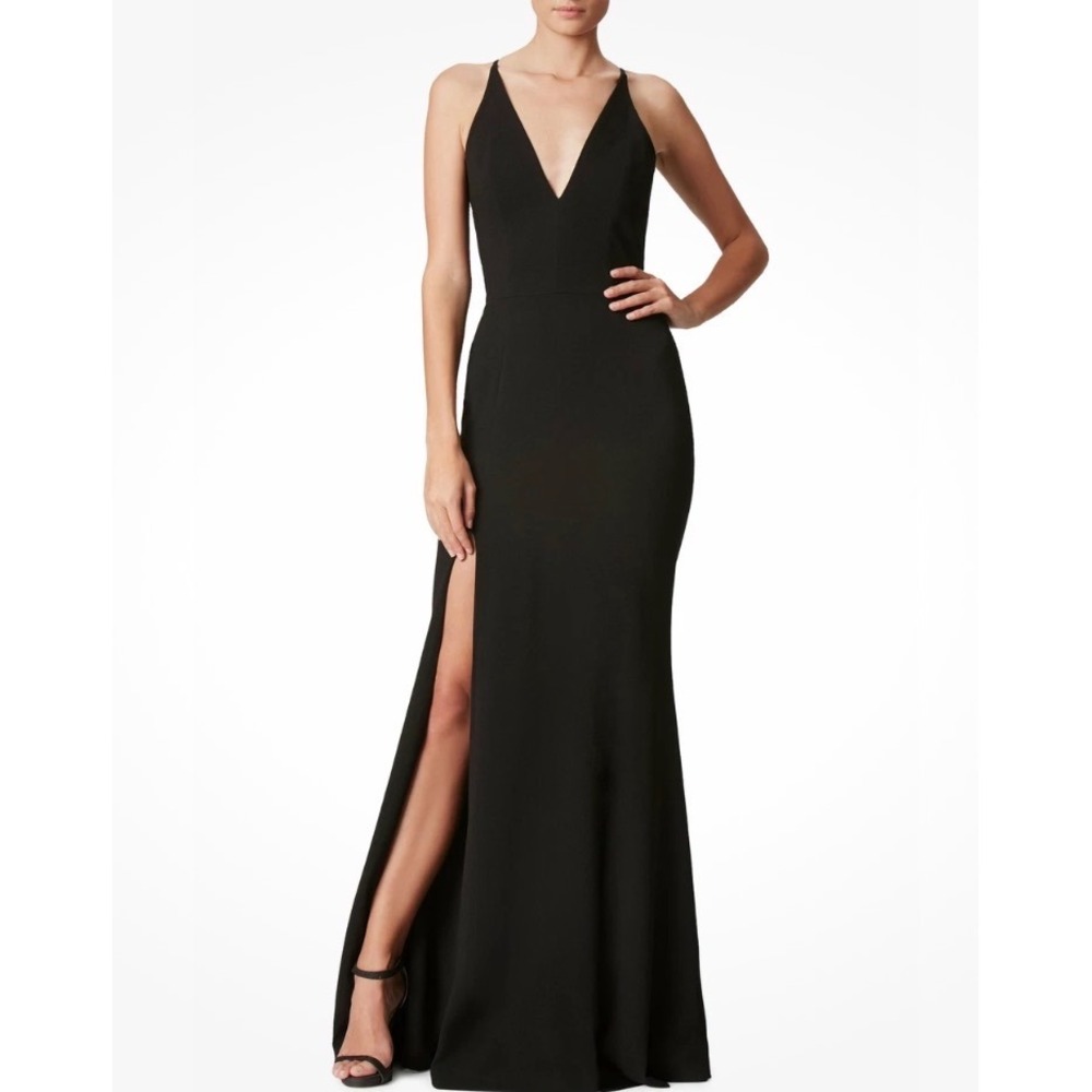 Dress The Population Womens Black V-Neck Sleeveless Front Slit Maxi Gown XS